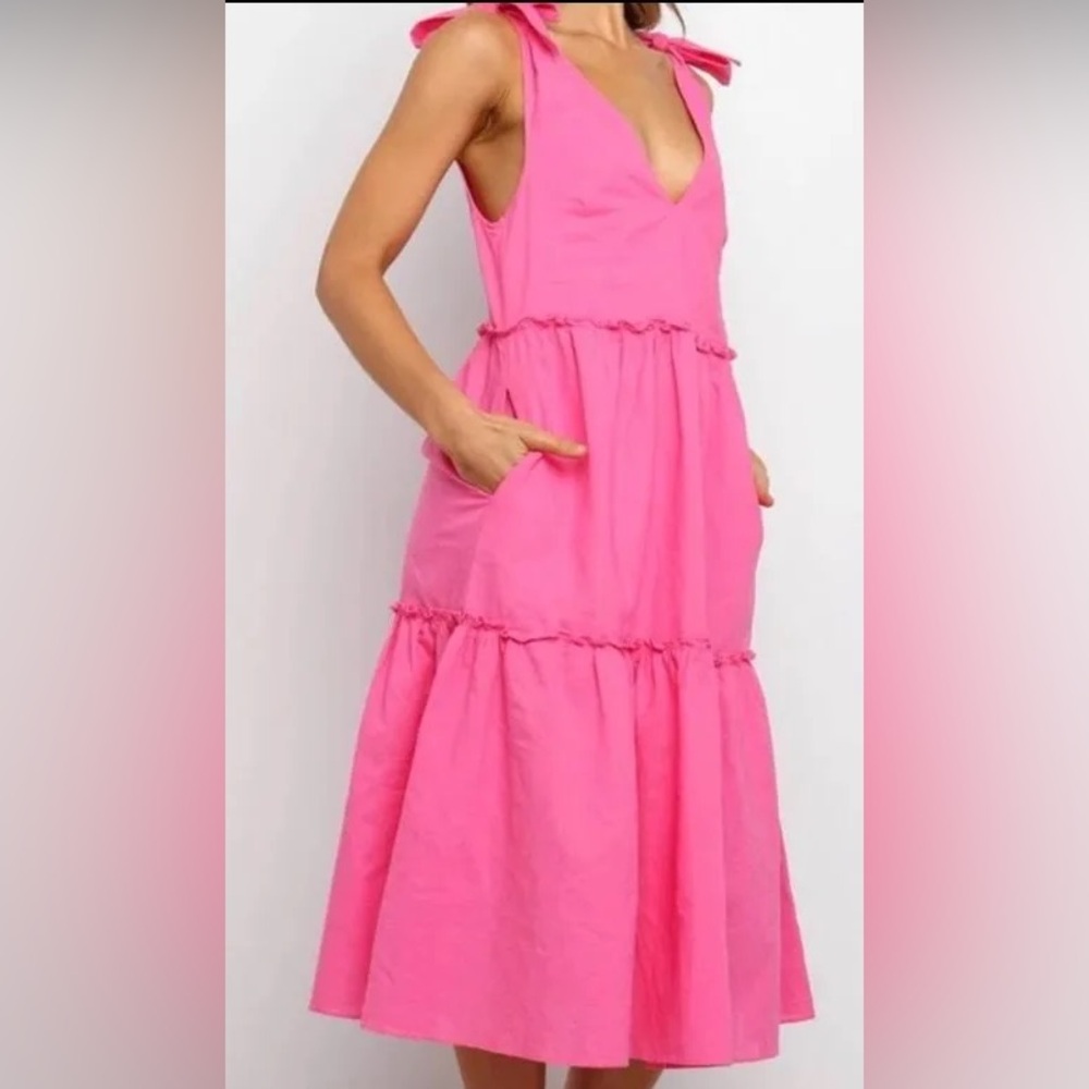 NWT Petal & Pup Erenda Tiered Hot Pink Dress with Bow Straps